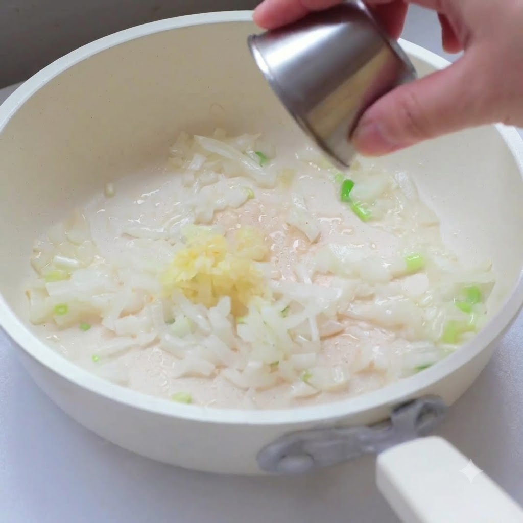 香味野菜の入ったフライパンにひき肉を投入している様子