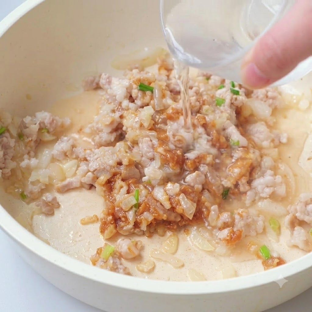 肉と調味料の入ったフライパンに水を注いでいる様子