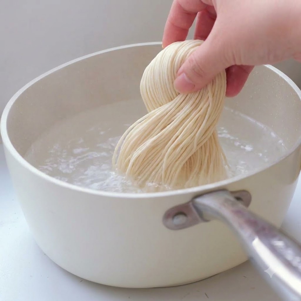 沸騰した鍋の中にラーメンの麺の束をザルごと入れている様子