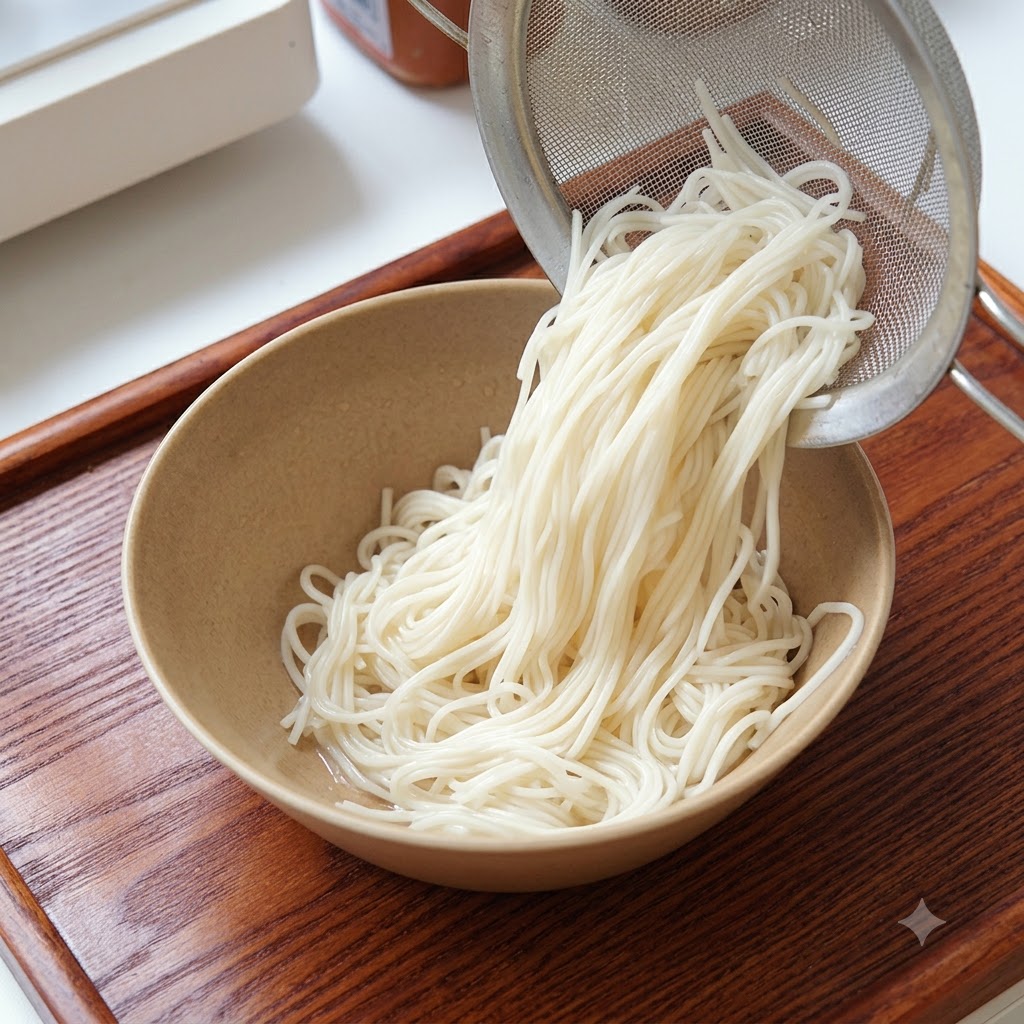 茹で上がった麺をザルから器に移している様子