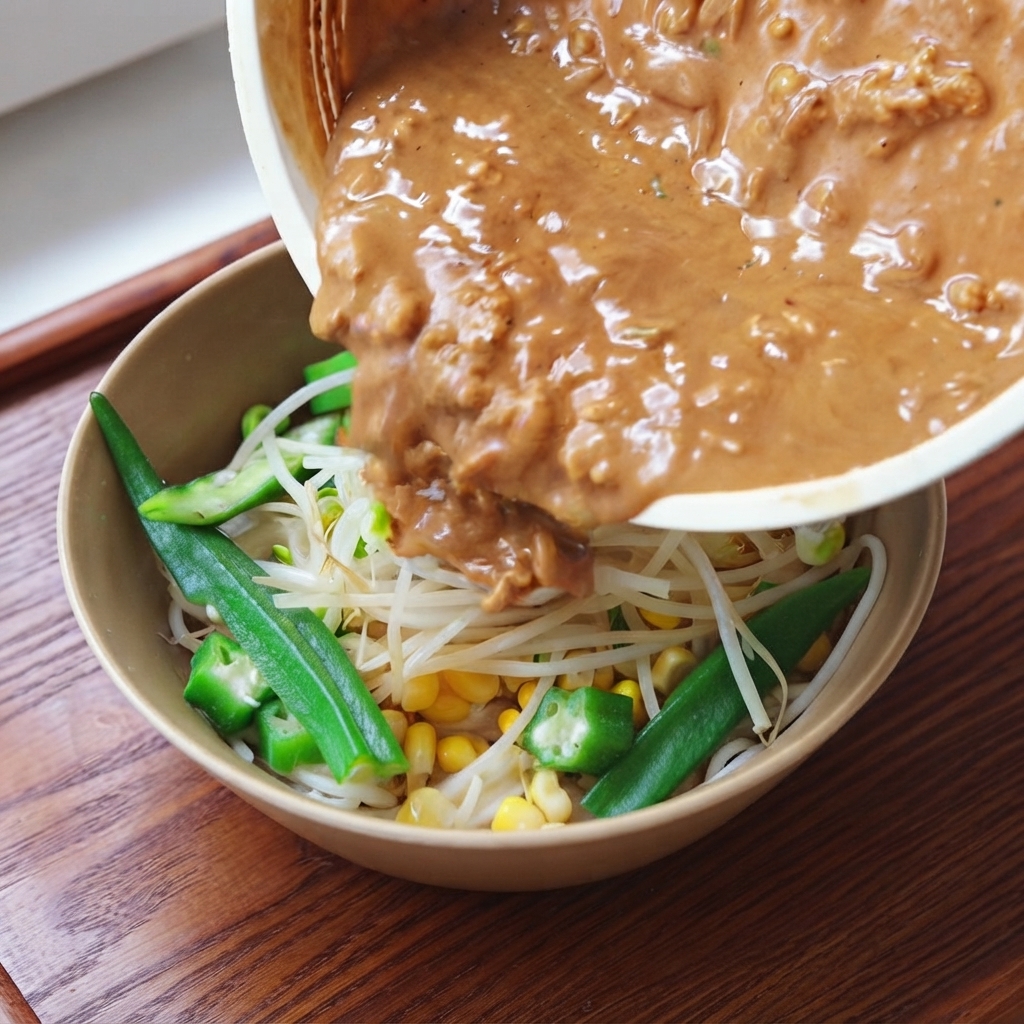 白い麺、緑のもやし、黄色いコーン、鮮やかな緑のオクラが入った器に、濃厚な茶色の肉味噌をかけている様子