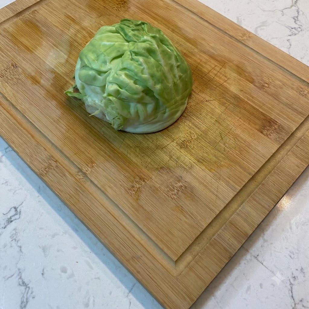 木製のまな板の上で新鮮なキャベツを細切りにしている様子