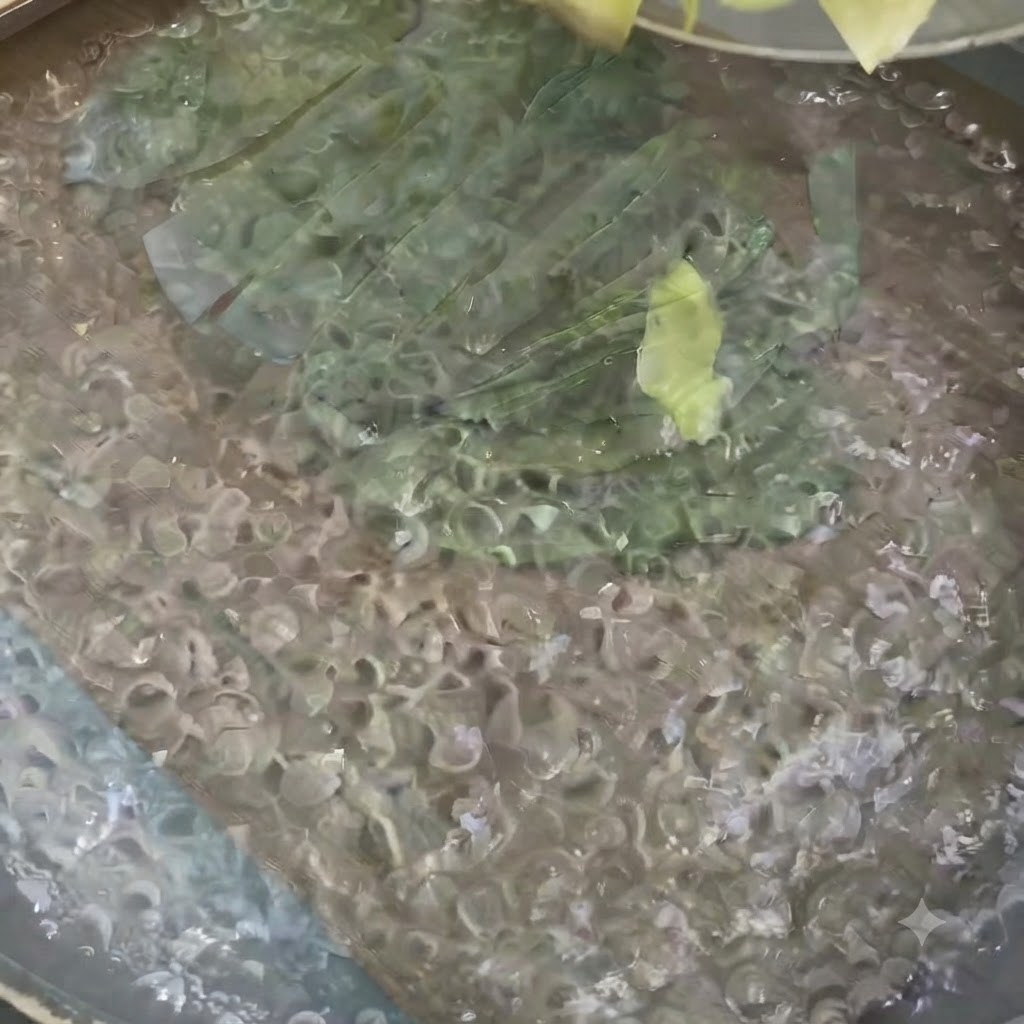 鍋のお湯で千切りキャベツと大根を茹でている様子