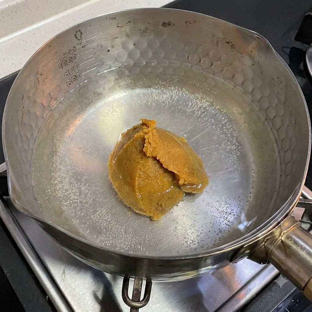 コンロの上の鍋に入ったお湯で白味噌を溶かしている様子