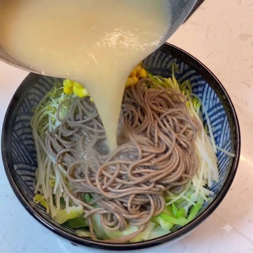 麺と野菜の入った器に、熱い白味噌のスープとコーンを注いでいる様子