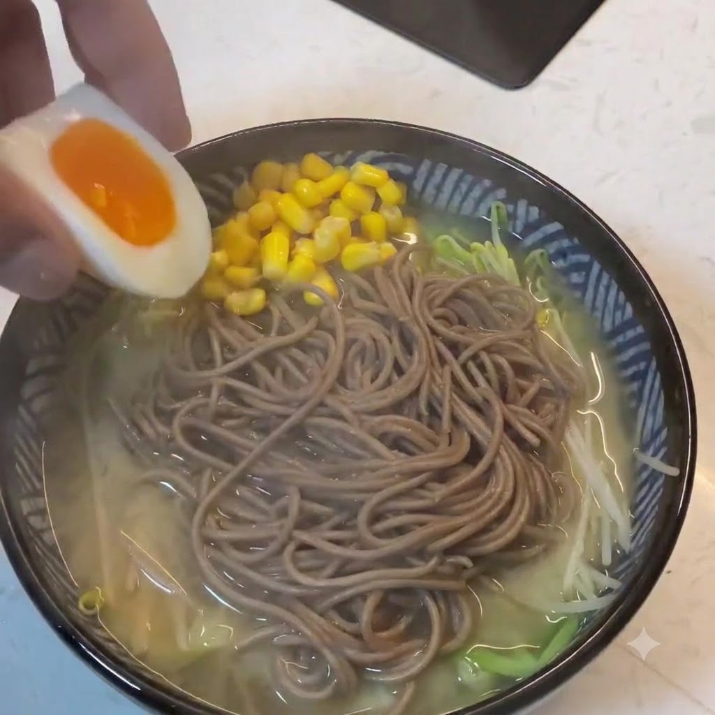 そば味噌ラーメンの上に、オレンジ色の黄身が見える半熟卵の半分を置いている手