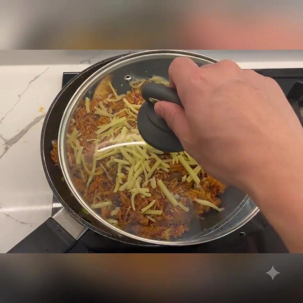 黒い取っ手のついたガラス蓋を手に持ち、チャーハンとチーズが入ったフライパンにしっかりと被せようとしているところ