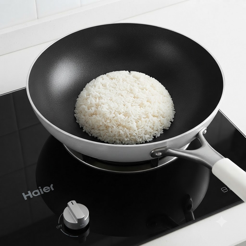 大型の中華鍋に入った、冷やご飯、牛肉、炒り卵。これから炒め合わせる準備ができた状態。