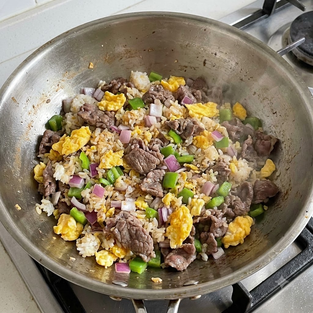 大型の中華鍋の中で、角切りの赤玉ねぎ、ピーマン、調理済み牛肉、炒り卵、ご飯が一緒に炒められている様子。