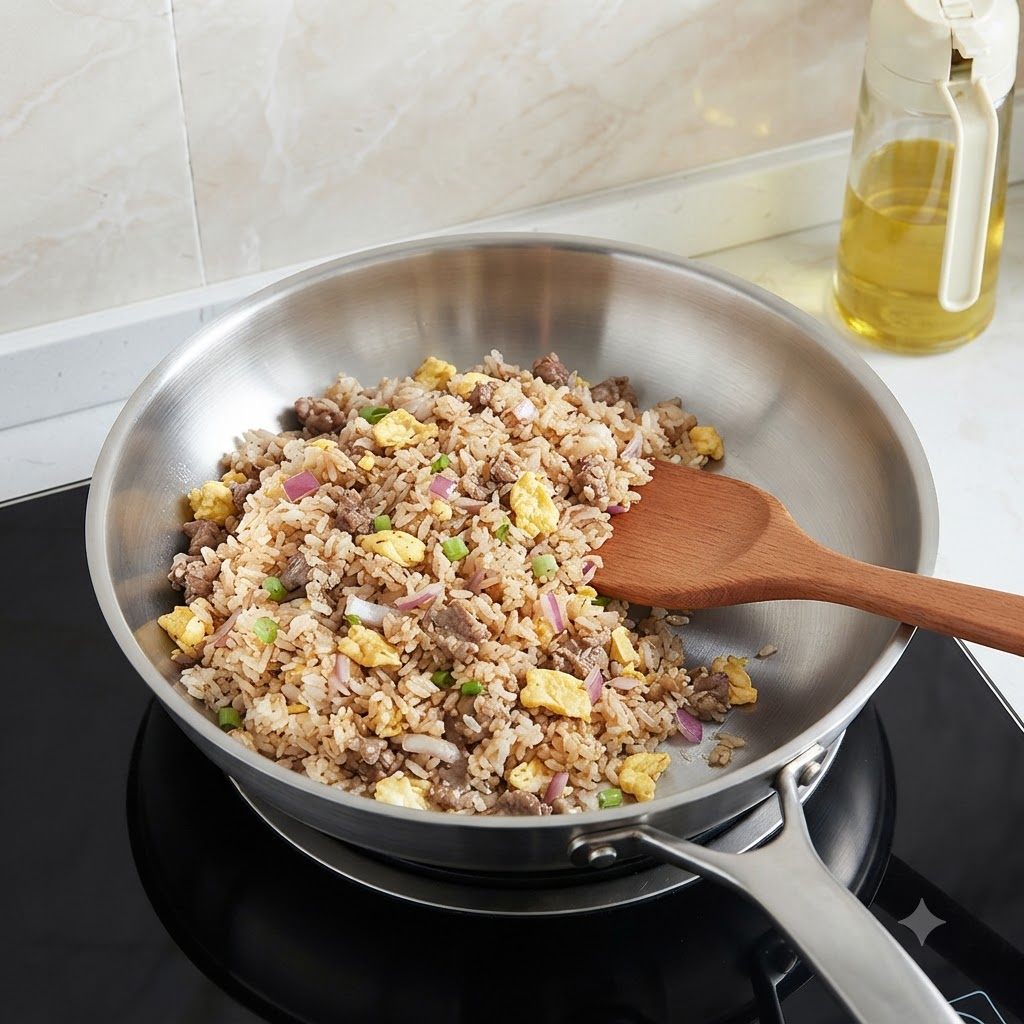 スチール製のフライパンの中で、木べらを使ってオイスターソースと黒こしょうで味付けされているチャーハン。