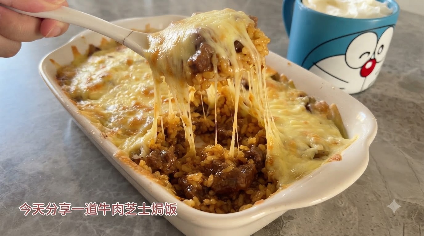牛肉とチーズの焼き飯が入った白い耐熱皿。スプーンですくうとモッツァレラチーズが長く伸びています。