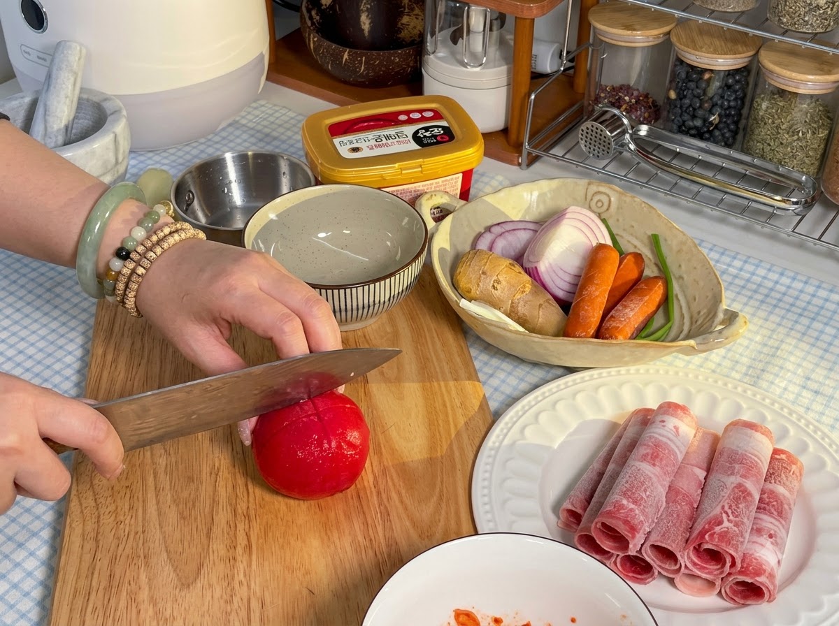 スライスした牛肉が盛られた皿の隣で、木製のまな板の上で包丁でスライスされている赤いトマト。
