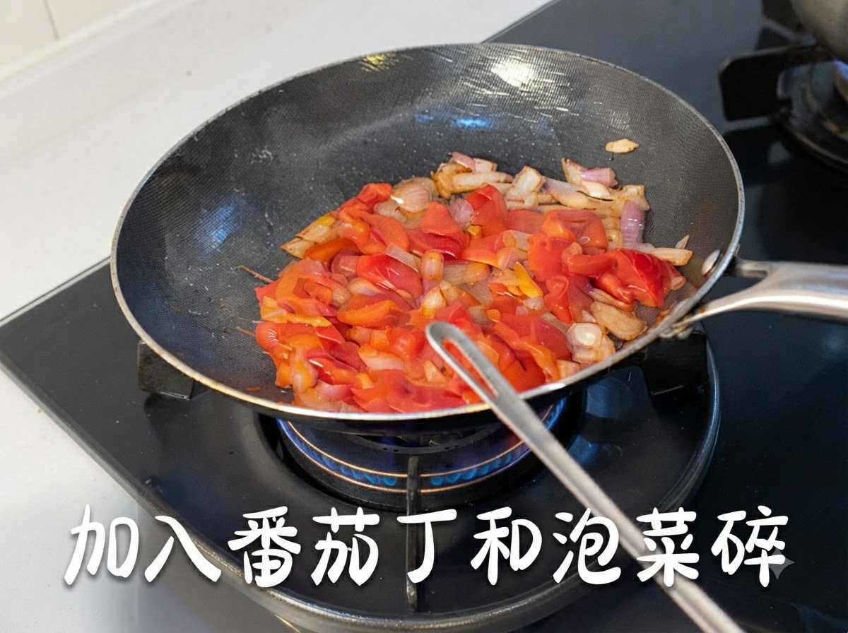 フライパンの中で玉ねぎと一緒に炒められている、角切りのトマトと刻みキムチ。