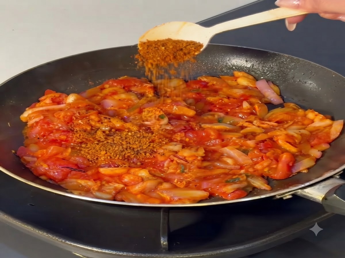 煮込んでいるトマトと玉ねぎの混合物に振りかけられている、スプーン一杯の粉唐辛子。