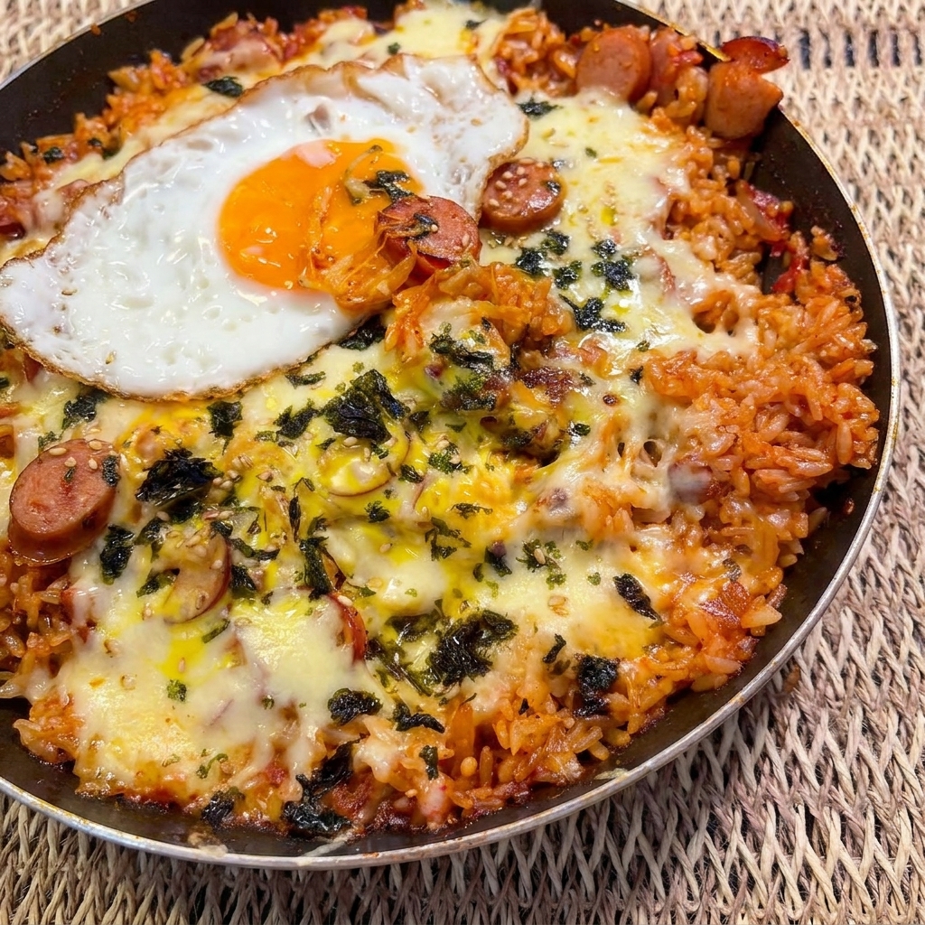 フライパンに入ったキムチライス煮込みの上に、スライスチーズとピザ用モッツァレラチーズがたっぷりと振りかけられている様子。