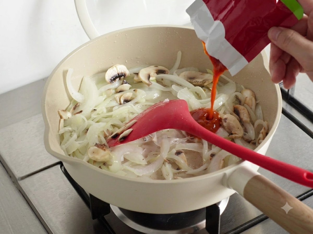 野菜が入ったフライパンに、パック入りのキムチをそのまま入れている様子。