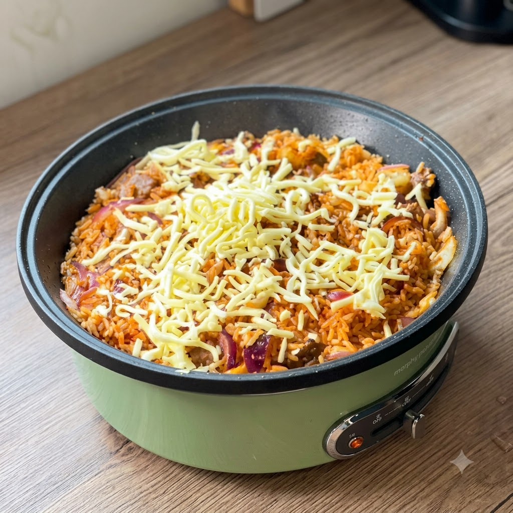 フライパンの上の味付けされたチャーハンの表面に、シュレッドチーズが均一に散りばめられている様子。
