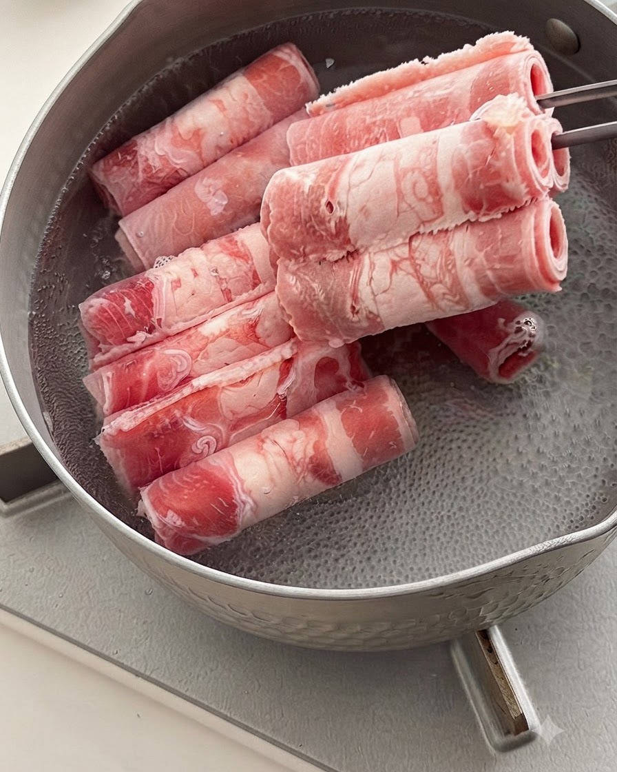金属製の箸を使って冷凍または生のロール状の牛肉スライスを沸騰したお湯の鍋に入れているところ。