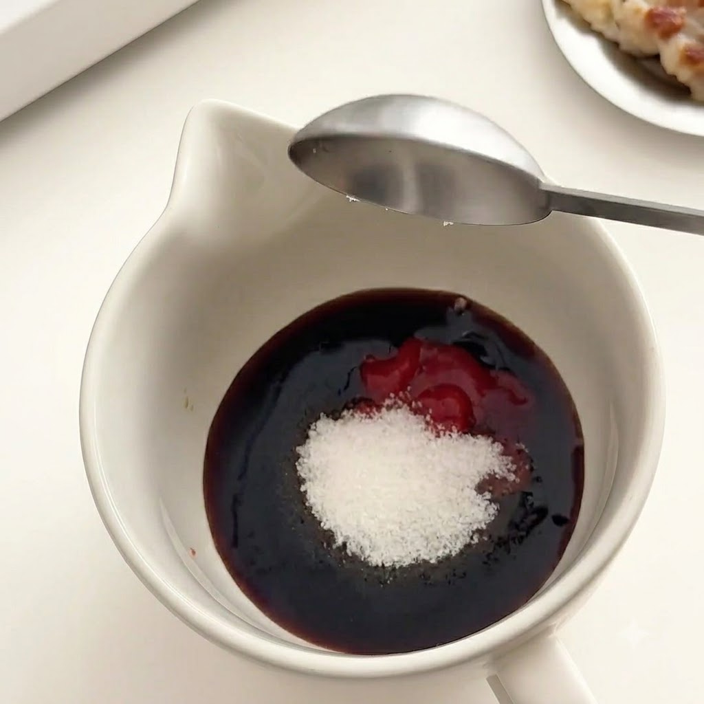 スプーン一杯の濃い赤色の韓国コチュジャンと白砂糖をソースのボウルに加えているところ。