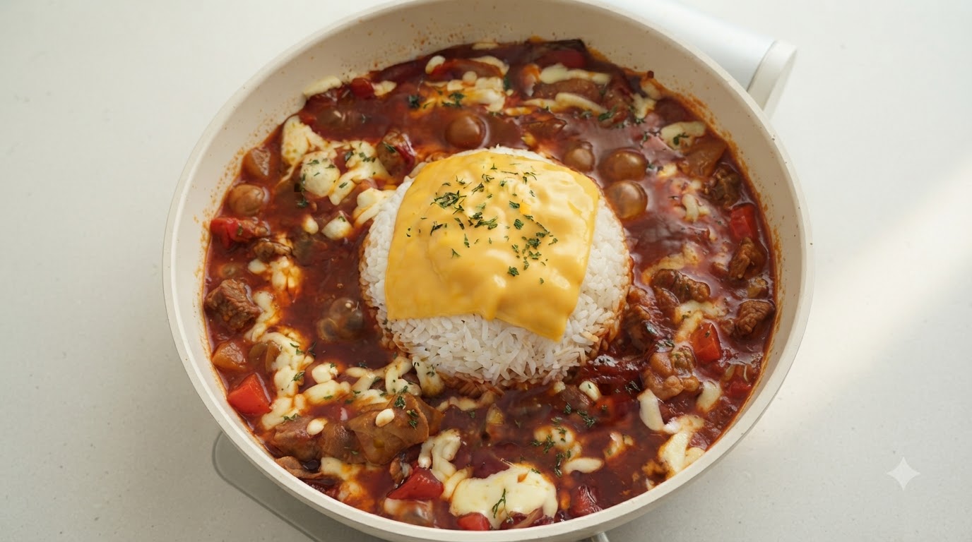 白いご飯のドームの周りに、ぐつぐつと煮える赤いトマト牛肉ソースが広がり、チーズがとろけた鮮やかなフライパン。