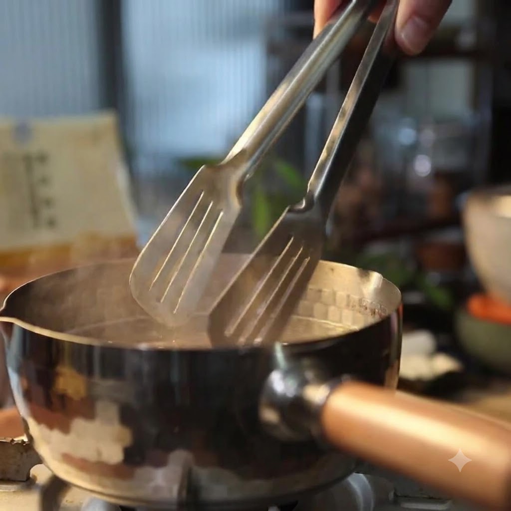 湯気立つ鍋から、金属製のトングで下茹でされた牛肉の塊を持ち上げている様子