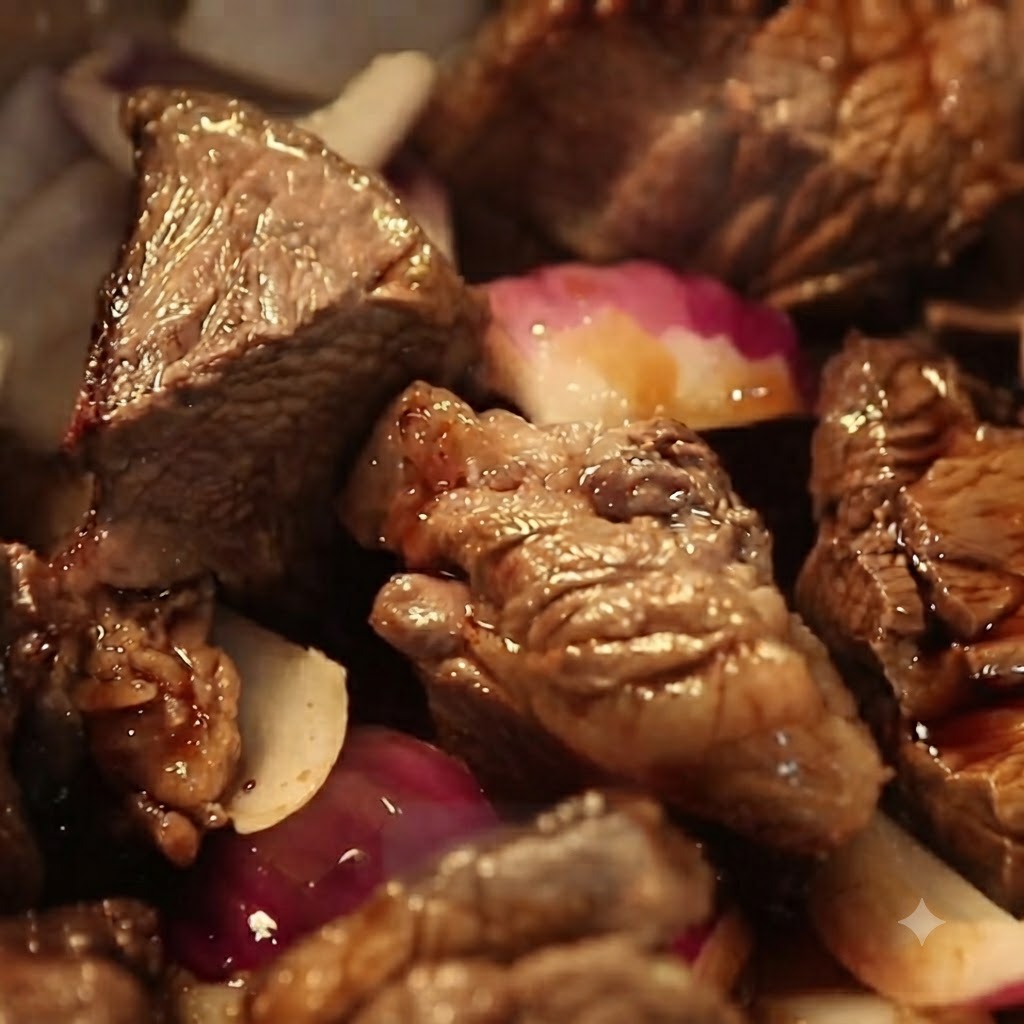 煮込んでいる牛肉と玉ねぎの隙間に、小さめの氷砂糖が加えられている様子