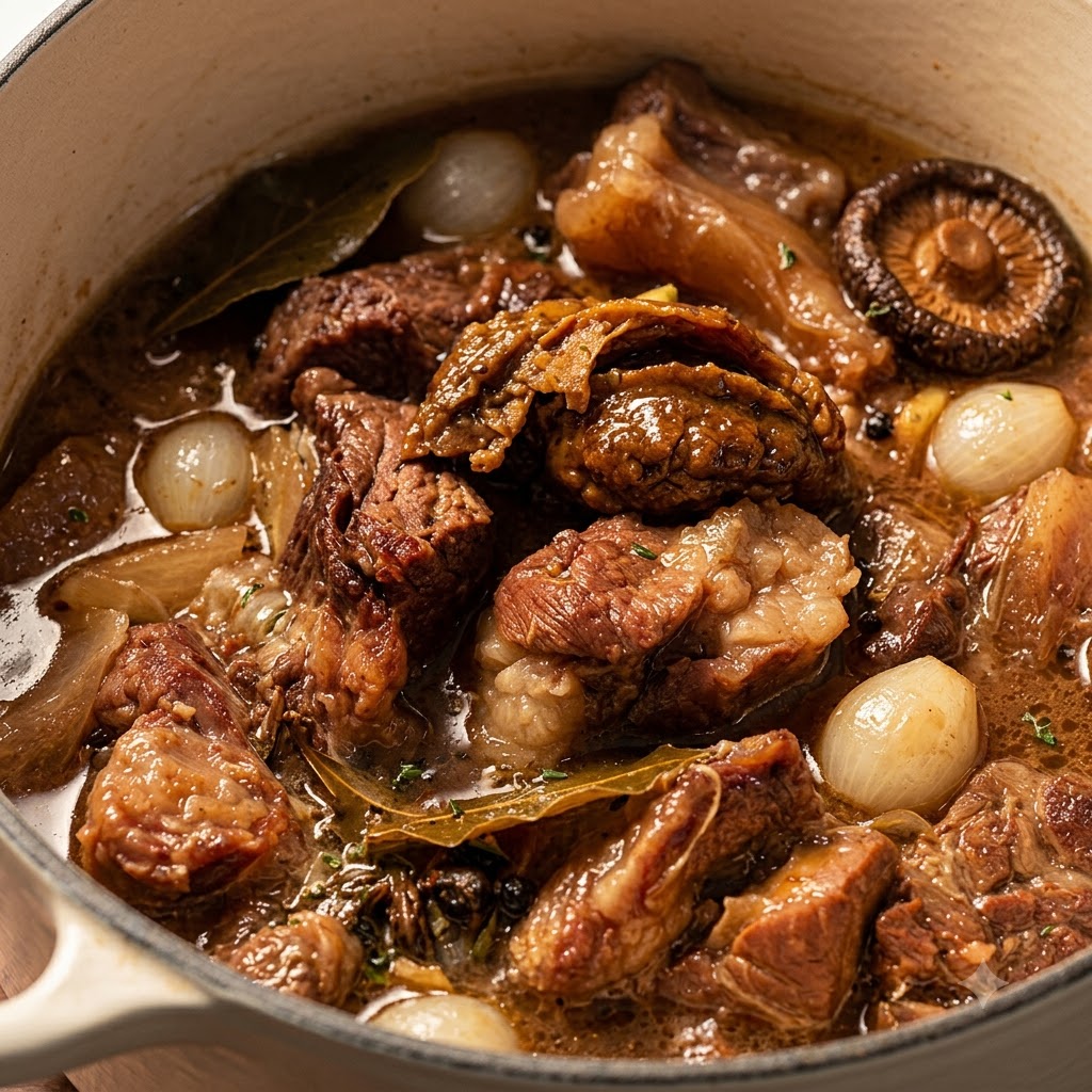 スープの中で柔らかくなった牛バラ肉と玉ねぎに、濃厚なカレーペーストを加え入れている様子