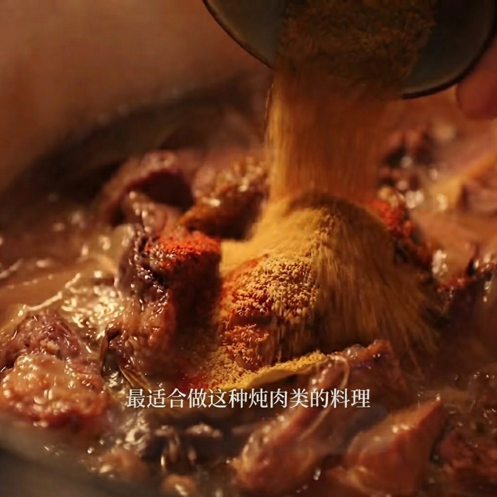 小さなボウルから、煮込みスープの中にカレー粉とチリパウダーを振り入れている様子