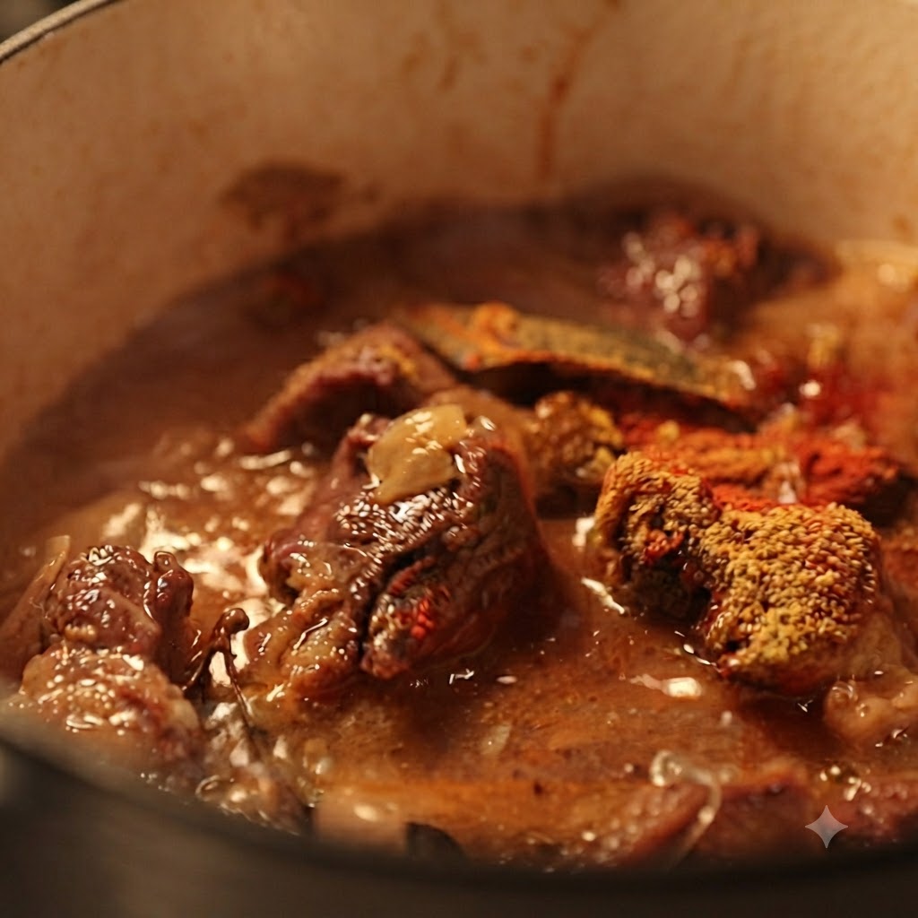 グツグツと煮立つカレーとビーフのスープに、トマトケチャップが混ざり合っている様子