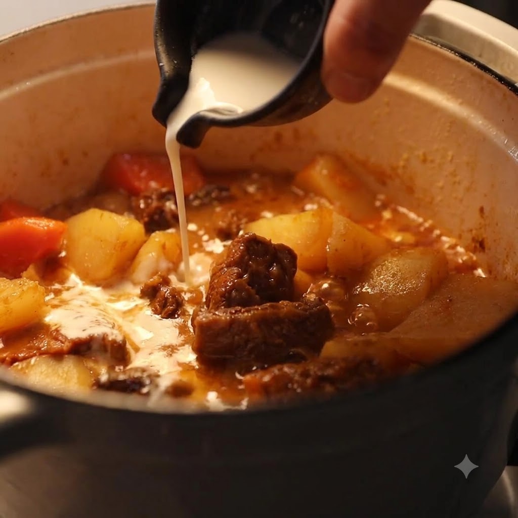 小さな濃い色のピッチャーから、グツグツと煮えるカレーに白いココナッツクリームを注いでいる様子