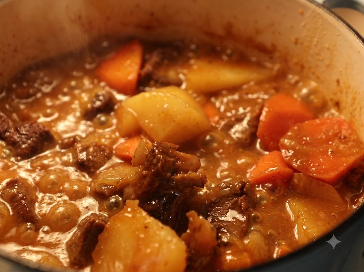 コンロの上でグツグツととろみを増しながら煮込まれている、牛バラ肉と野菜のカレーの鍋