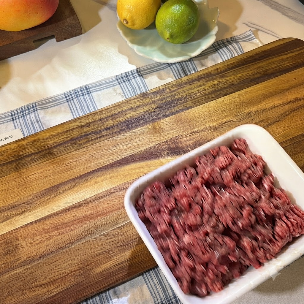木製のまな板の上のレモンの横に置かれた、白い容器に入った生の牛挽き肉。