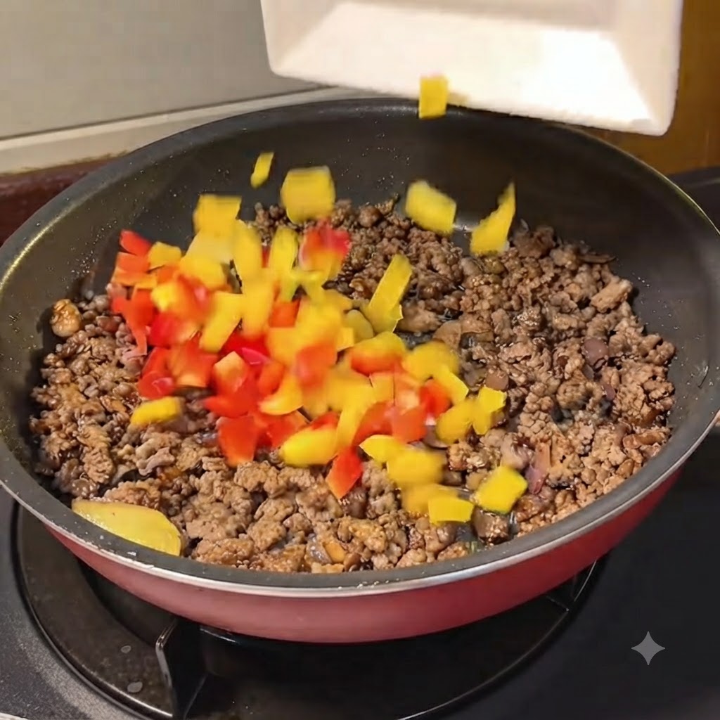 白いお皿から、調理中の牛挽き肉が入ったフライパンに赤・黄パプリカのダイスを投入しているところ。