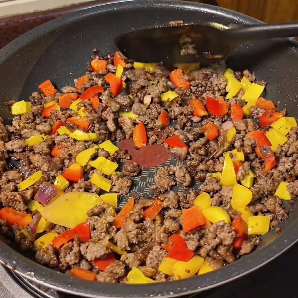 容器から黄色いカレーソースを、牛肉とミックスベジタブルが入ったスキレットに注ぎ入れている様子。