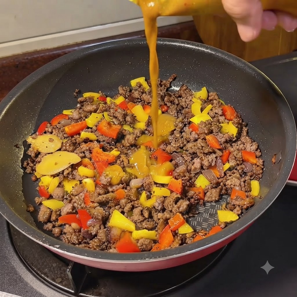 牛肉とカレーの材料が入った調理鍋に、ケトルからお湯を注ぎ入れているところ。
