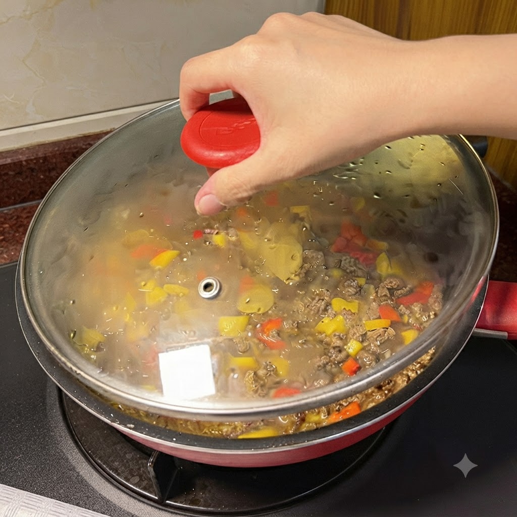 蓋をした鍋の中で、煮込んでいるカレービーフの上にチーズのスライスを並べているところ。