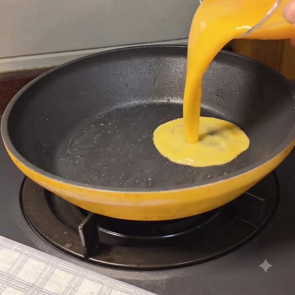 熱したフライパンに溶き卵を流し込み、柔らかいオムレツを作っているところ。