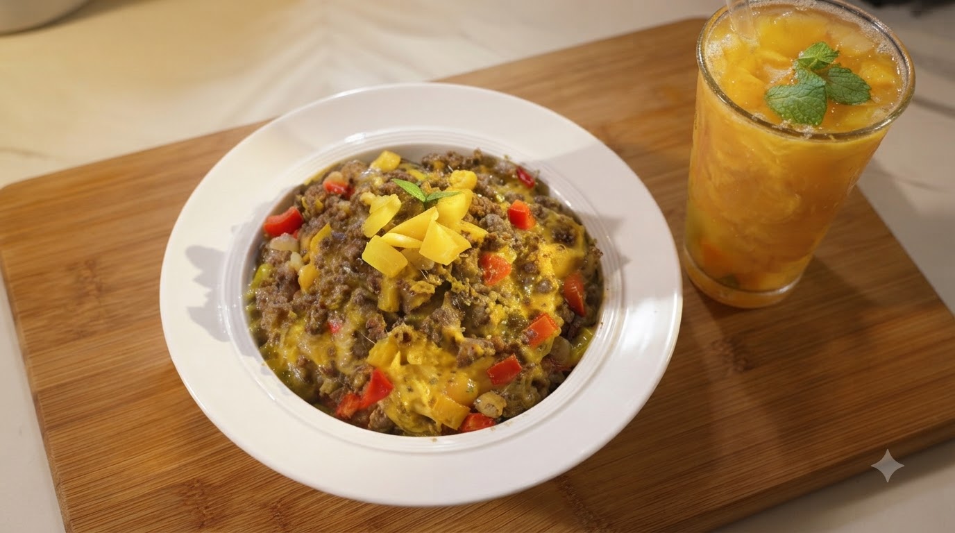 チーズ香る牛挽き肉のカレーライスとピーチ烏龍茶