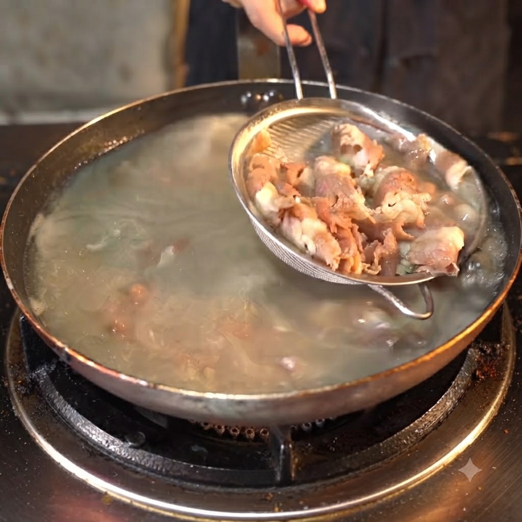 鍋のお湯からザルで茹でた牛肉ロールをすくい上げる様子。