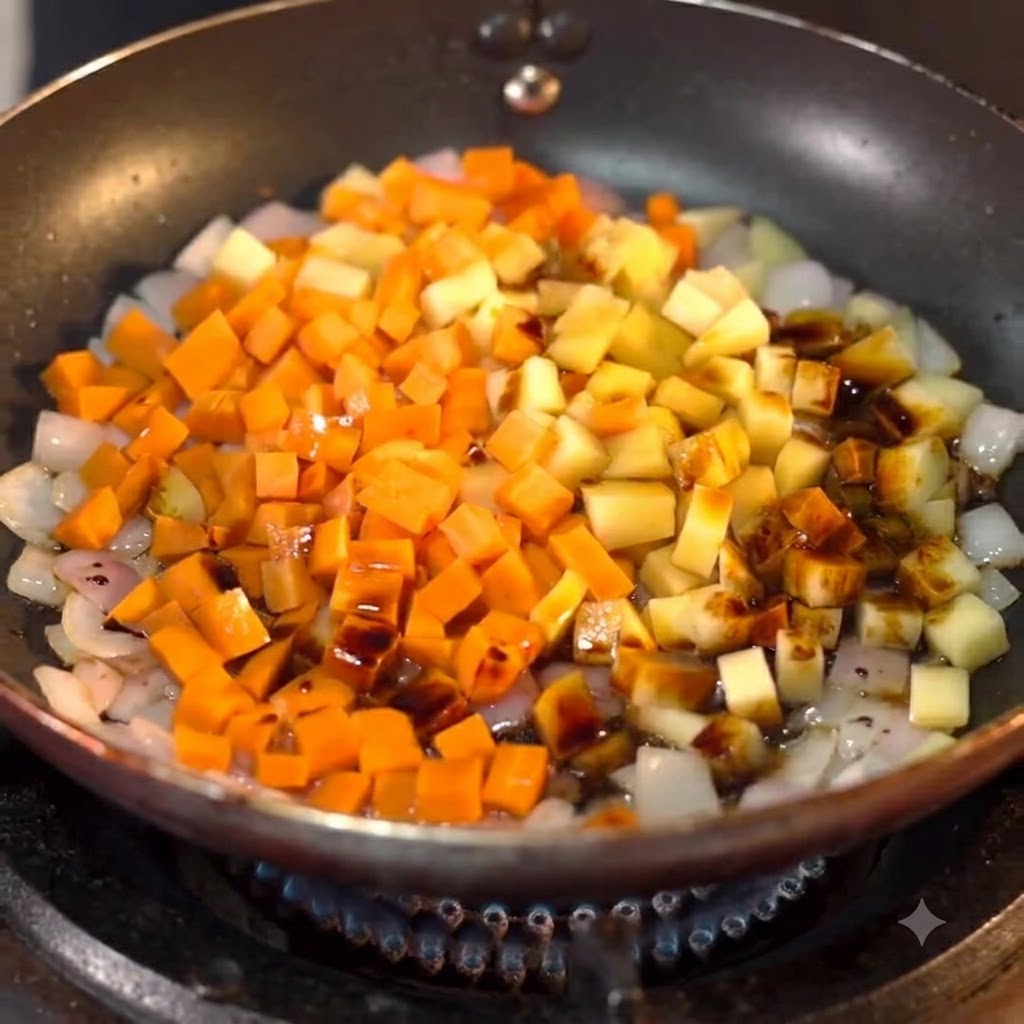 刻み野菜の入ったフライパンに注がれる牛乳。