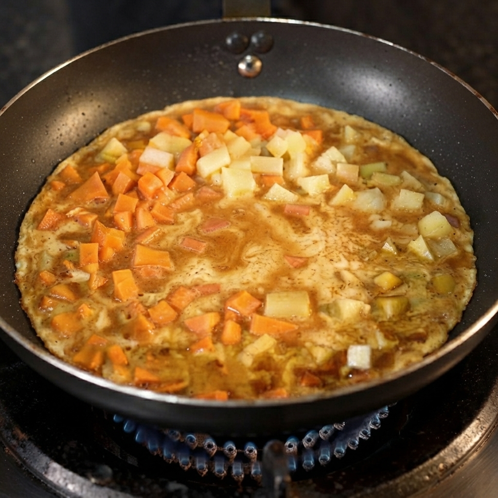 野菜と牛乳の入ったフライパンに加えられる水。