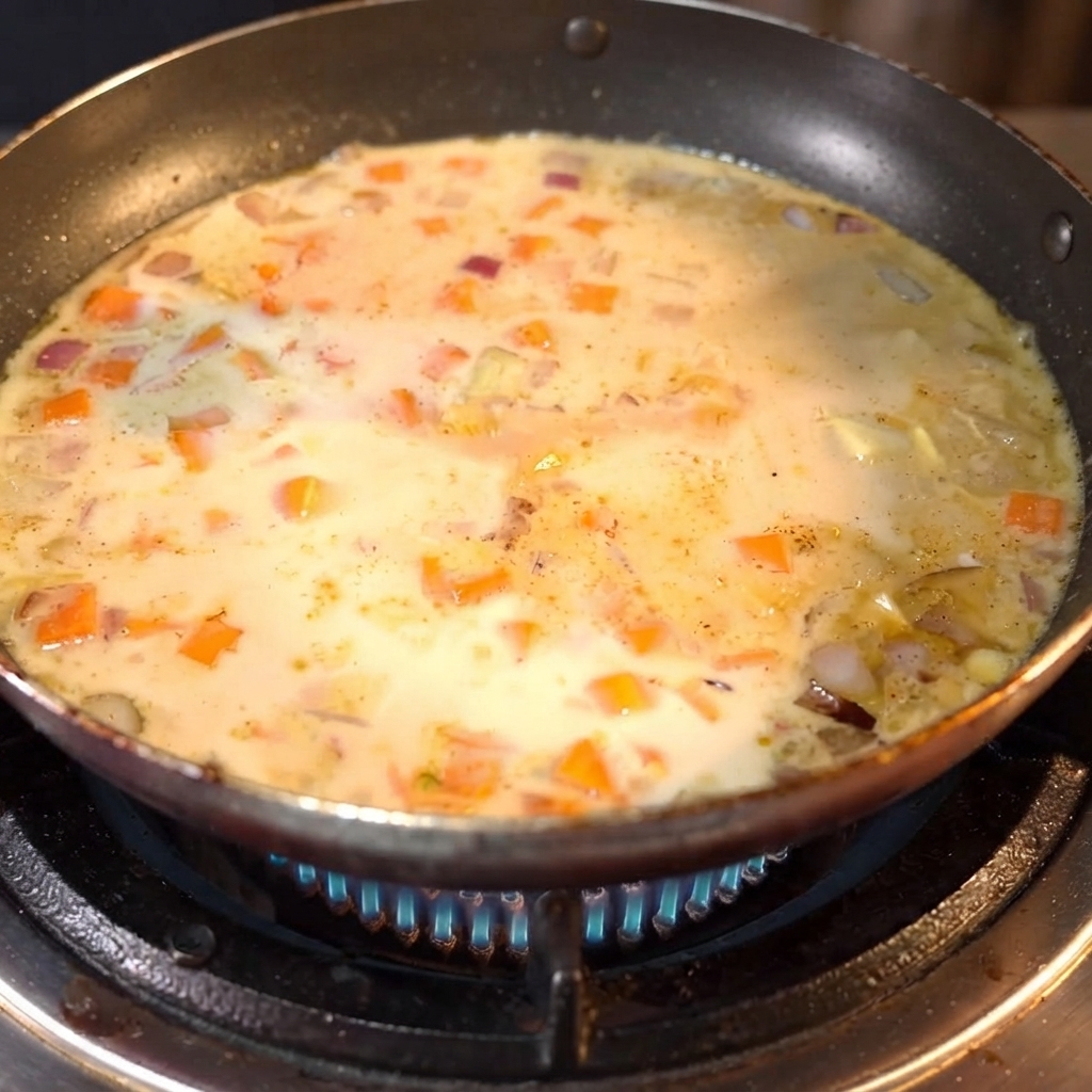 スキレットの煮込んでいる液体の中で溶けるカレールー。