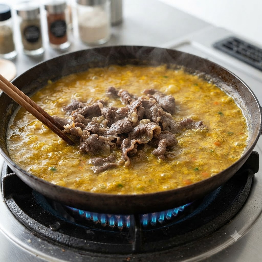 ガスコンロ上のスキレットで、グツグツと泡立つ黄色のカレーソースの中で箸を使って混ぜられる牛肉スライス。