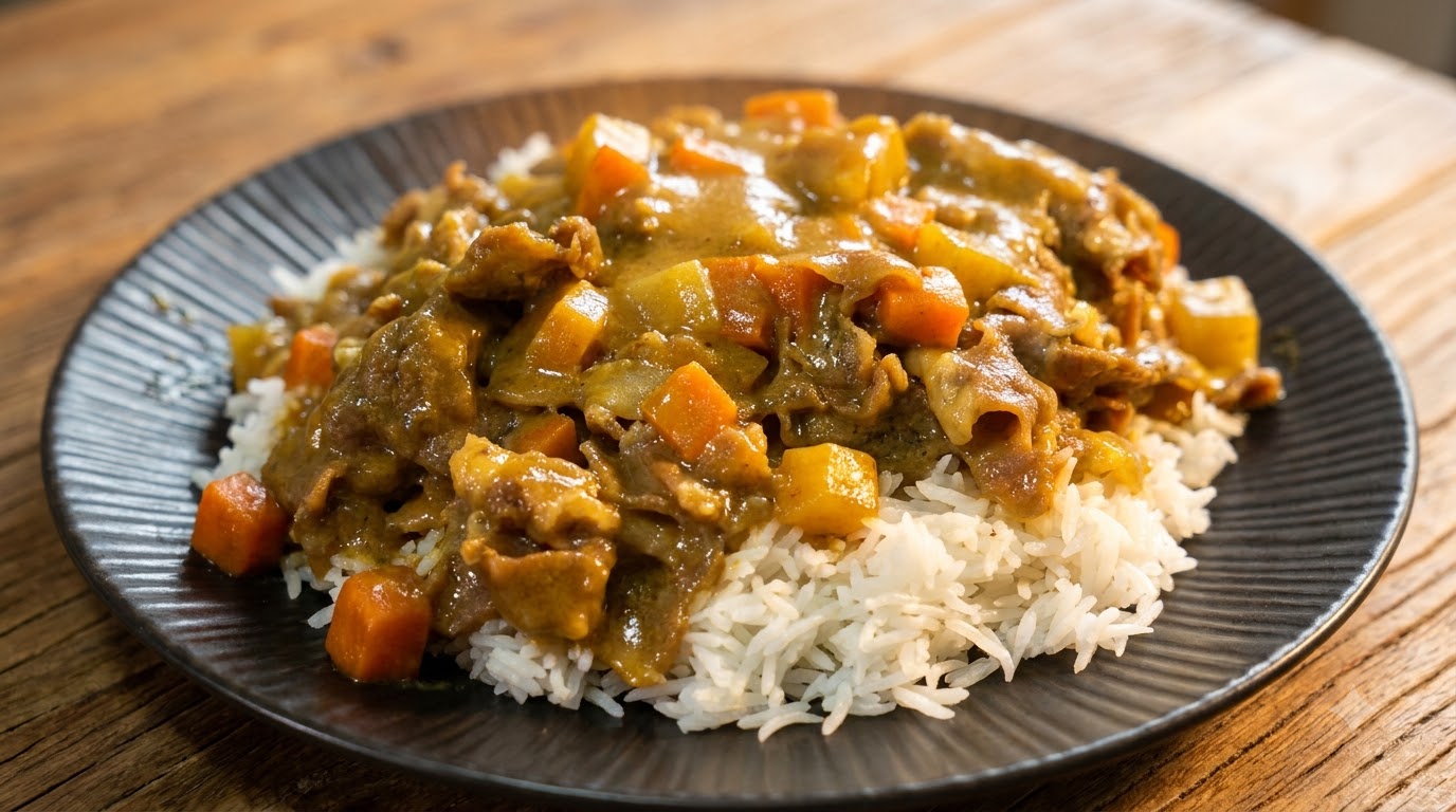 ツヤのある黄金色のカレーソースに包まれた、カレービーフ、人参、じゃがいもがのったホカホカの白飯の一皿。