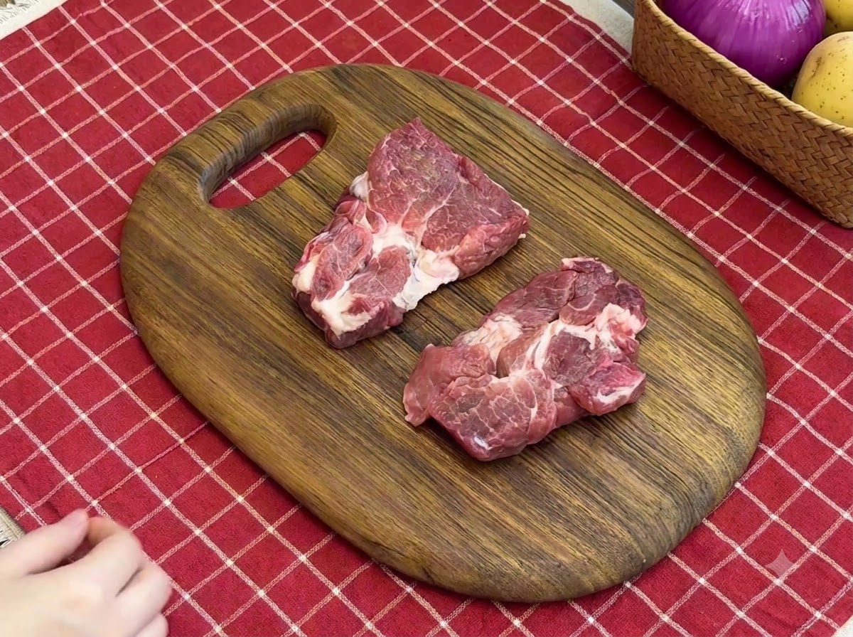 木製のまな板の上に置かれた2枚の生豚肉。鋭い道具を使って下ごしらえがされている様子。