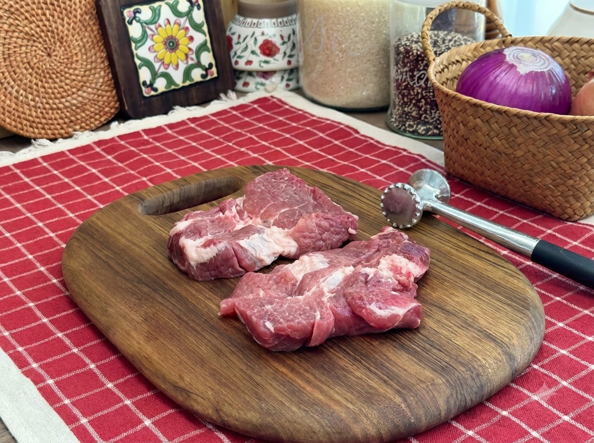 木製のまな板のそばに置かれたミートマレットと、下処理された2枚の生の豚肉。
