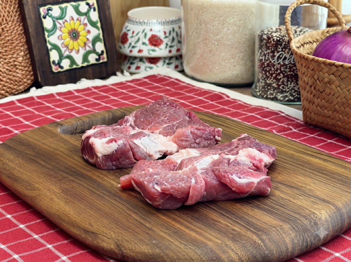 味付けされた生の豚肉が、マリネされる前に木製のボードの上に置かれている様子。