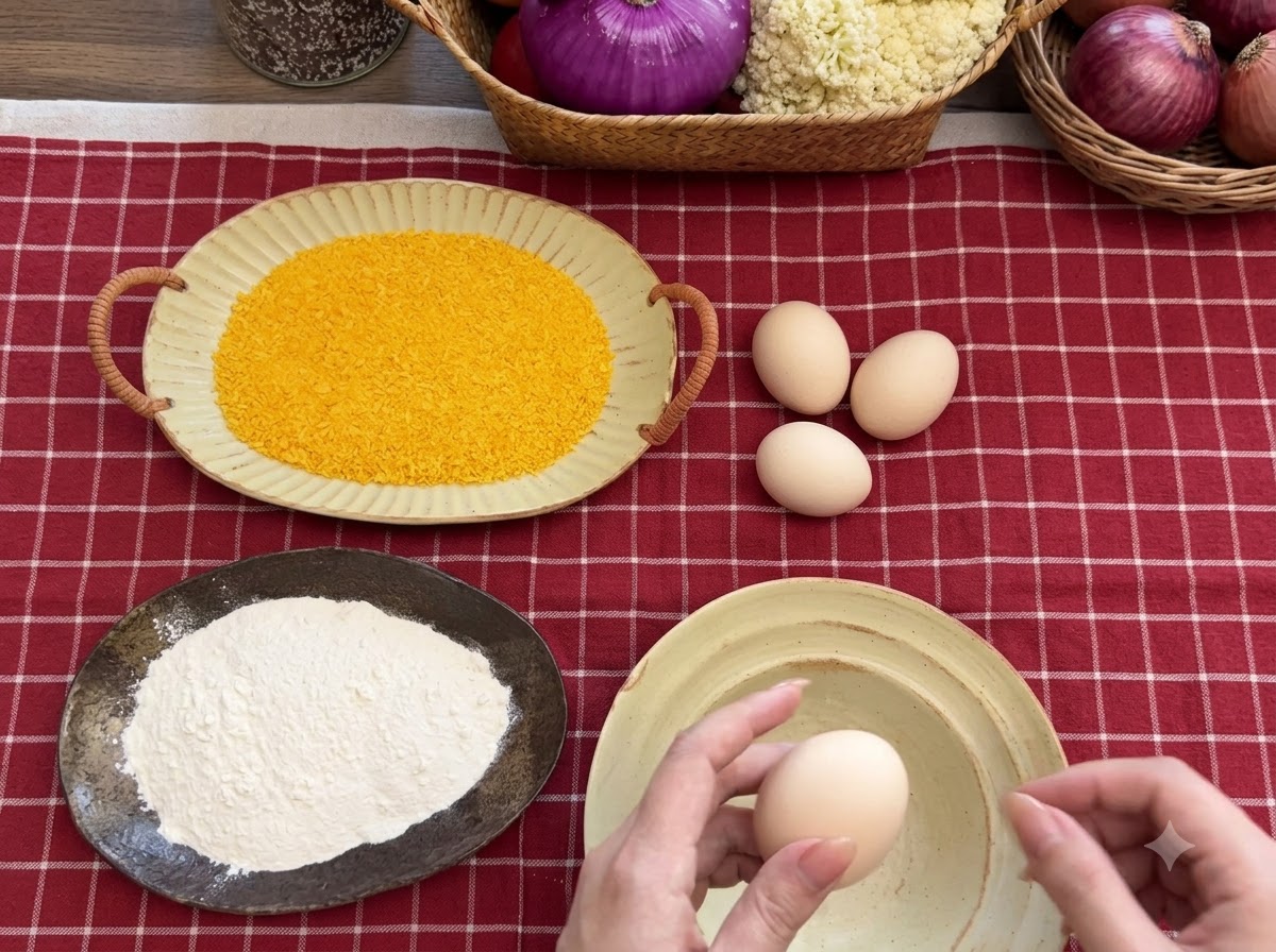 赤チェックのテーブルクロスの上に配置された、小麦粉、パン粉、そして箸で溶いた卵の入ったボウル。