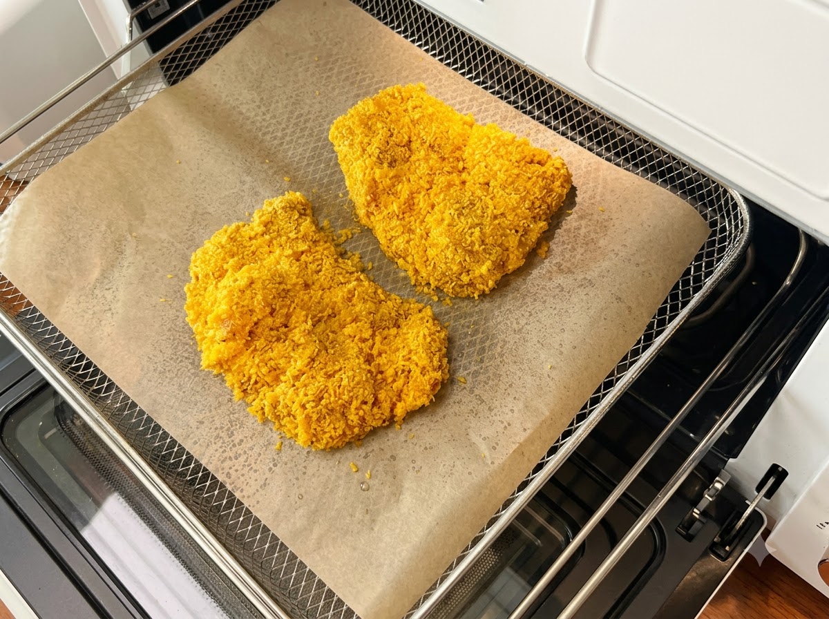 クッキングシートを敷いたオーブンの天板に、パン粉をまぶしたポークカツが並べられている様子。