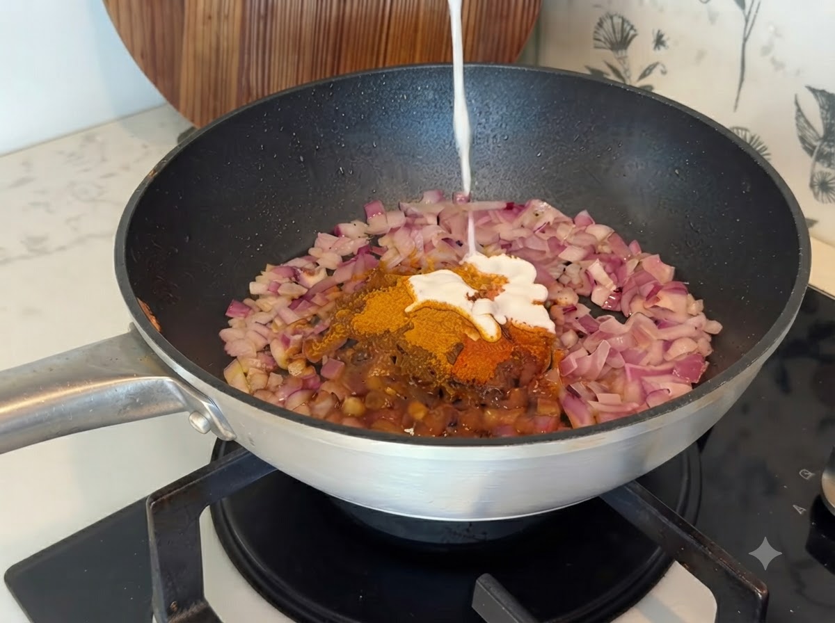 カレーのスパイスと玉ねぎが入ったフライパンに、上からココナッツミルクが注がれている様子。